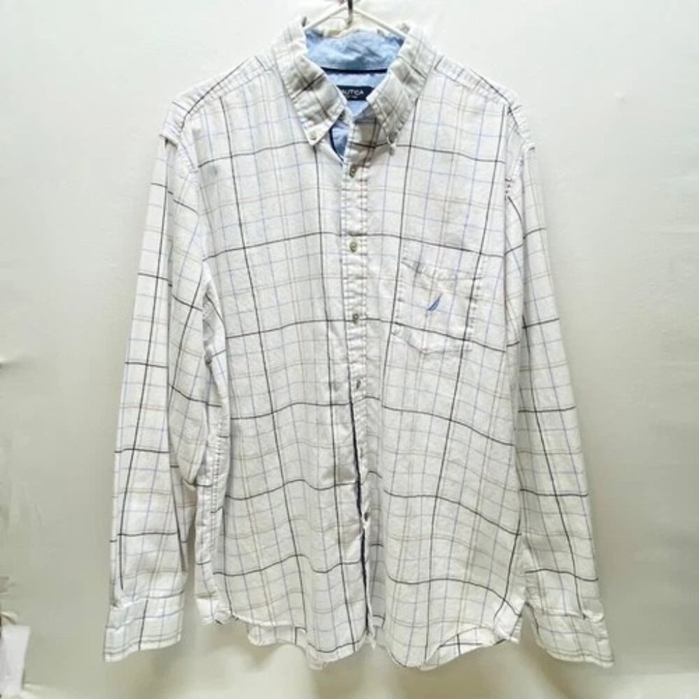 Nautica Button Down Shirt Men's XL White Blue Plaid Classic Long Sleeve Top GUC